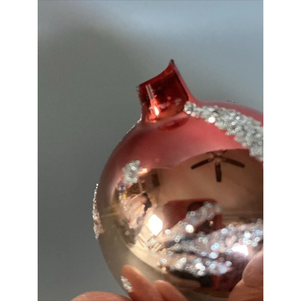 Vintage Hand Painted Blown Glass Christmas Ornament Red Small Ball Glitter